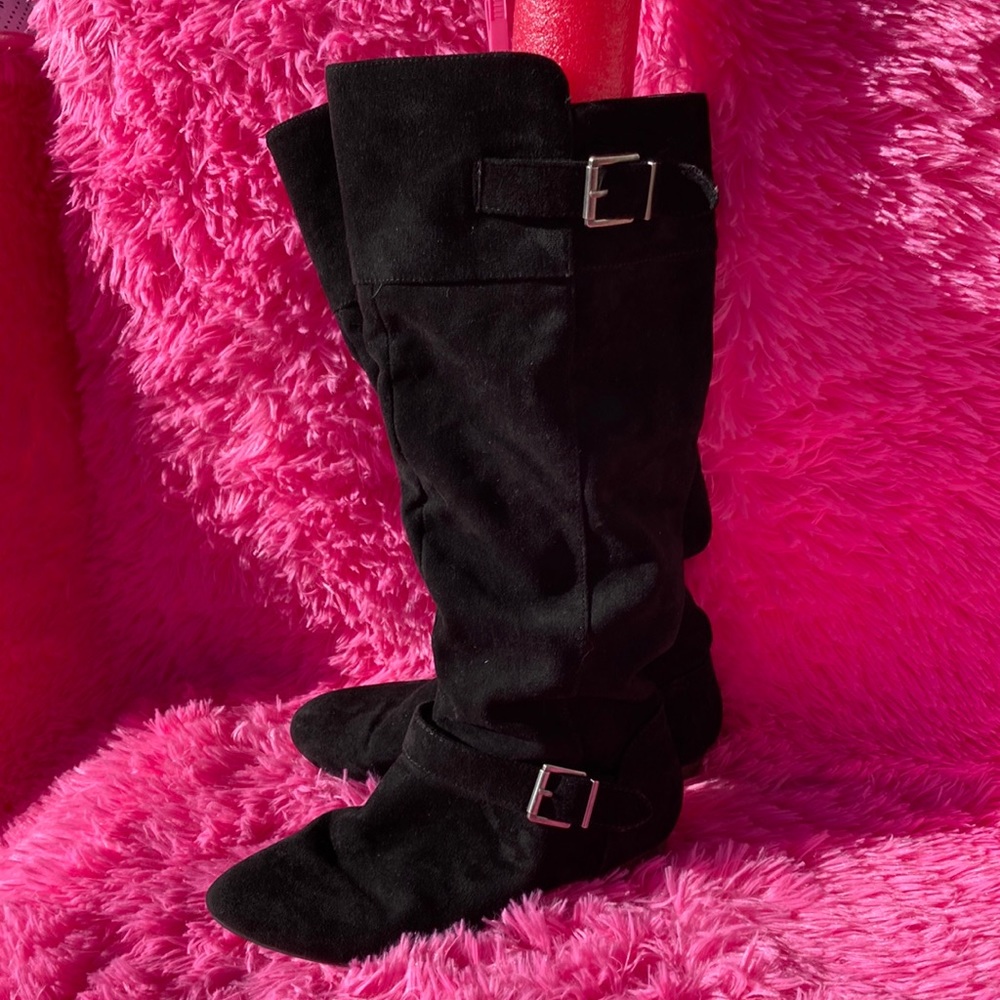 Black soft fabric tall slouch boots with zip closure and buckle detail size 10